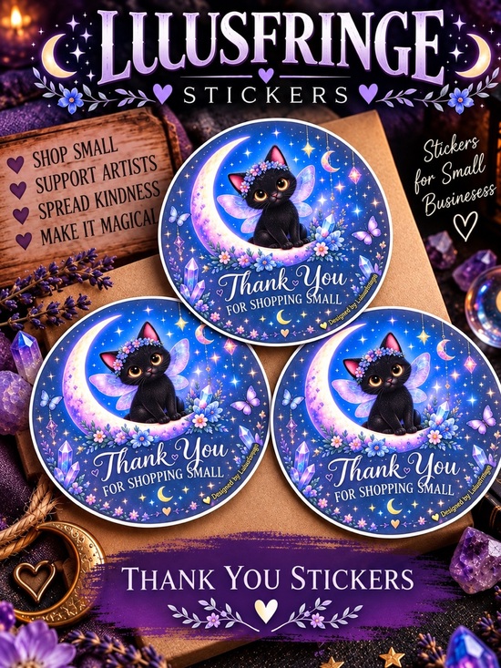 Artisan Other - 24/$15 Artisan Purple & Blue Moonlit Cat Thank You Stickers